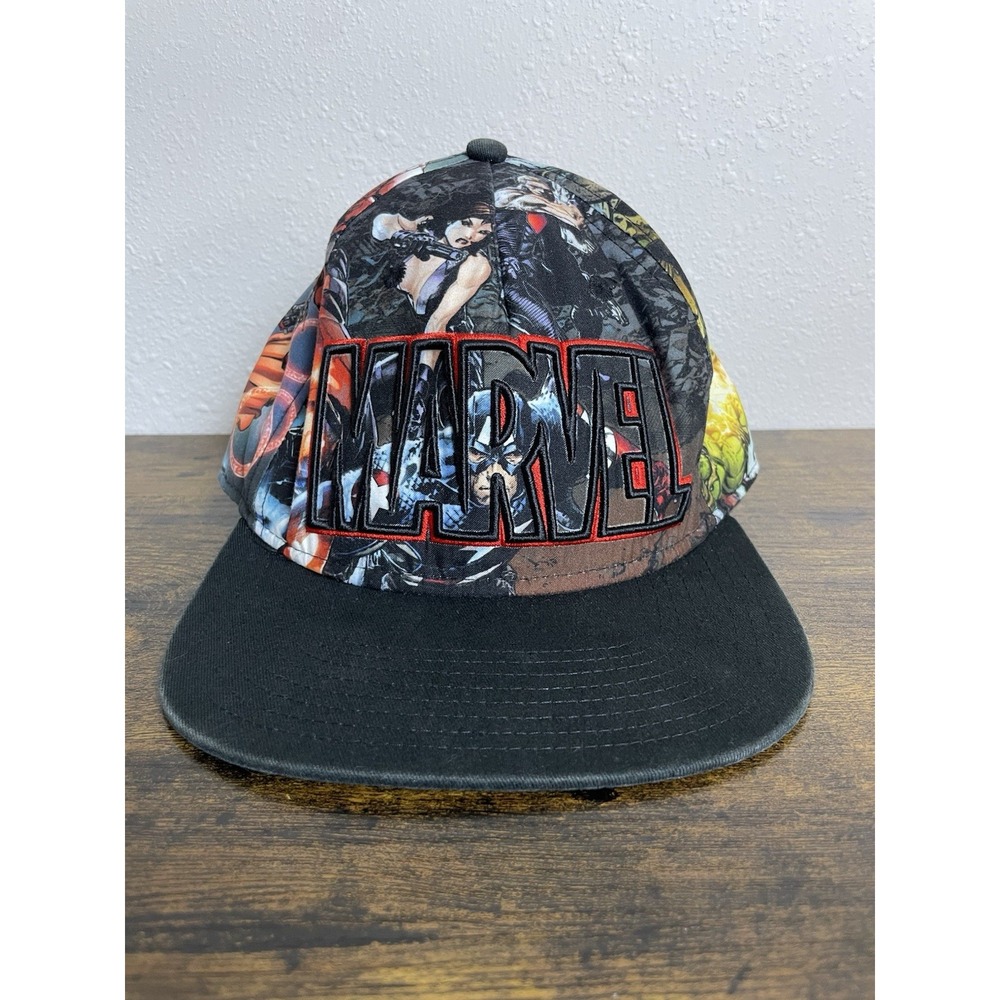 Marvel Comics Snapback Hat Adult All Over Print Embroidered Logo Flat Brim Cap